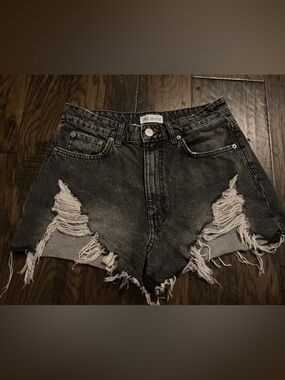 Zara Washed Black Distressed Denim Shorts